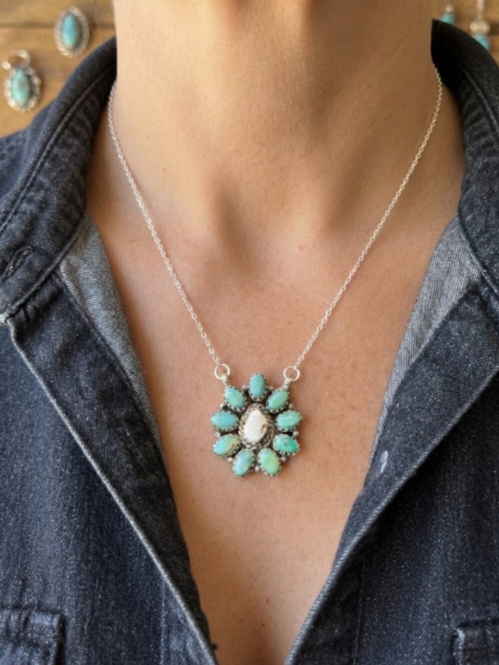 Turquoise Cluster Necklace, Sterling Silver, Boho Southwestern Jewelry